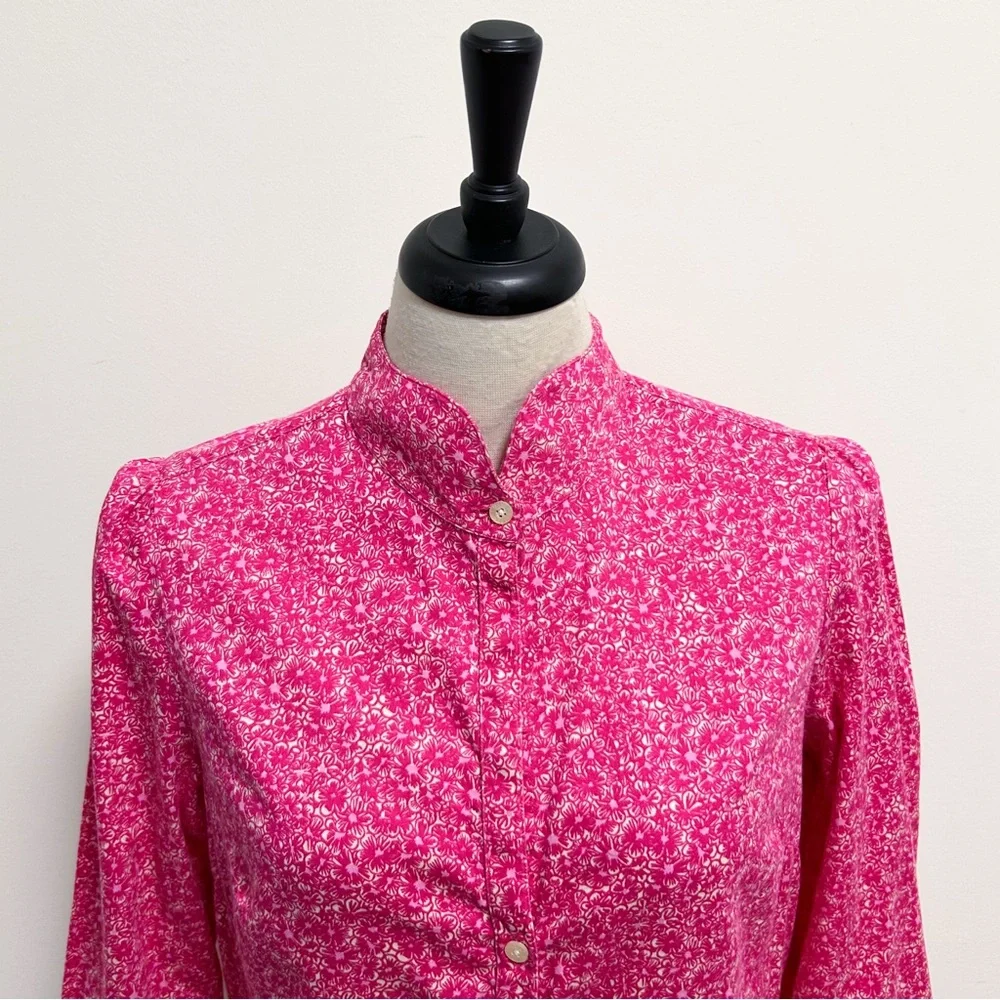 Lilly Pulitzer Pink Ivory Floral High V Neck Collar Button Up 3/4 Sleeve Blouse